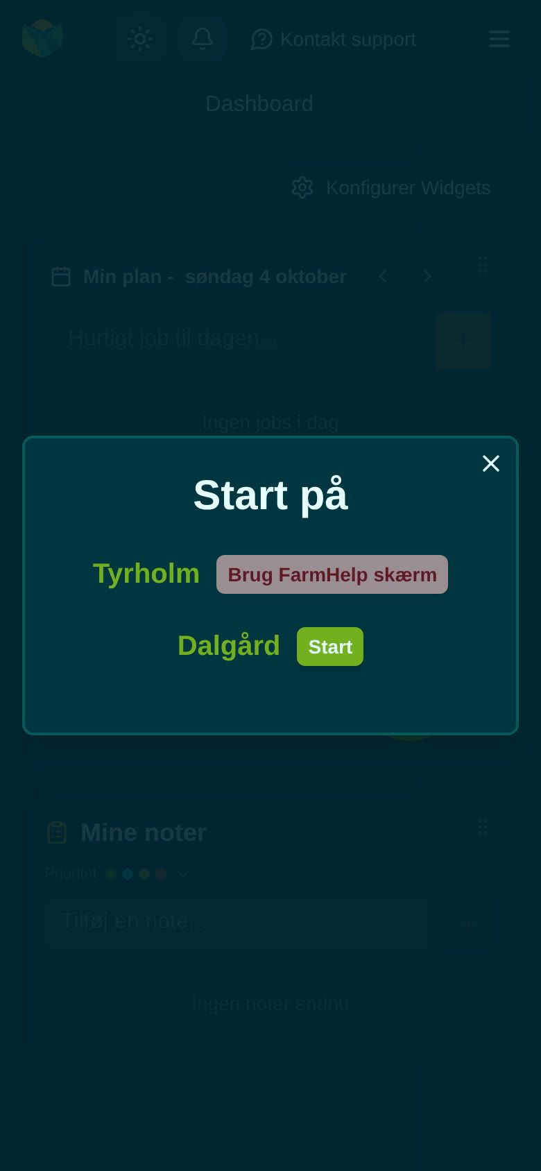 Startvinduet på mobilen: Tyrholm viser Brug FarmHelp skærm, Dalgård viser Start