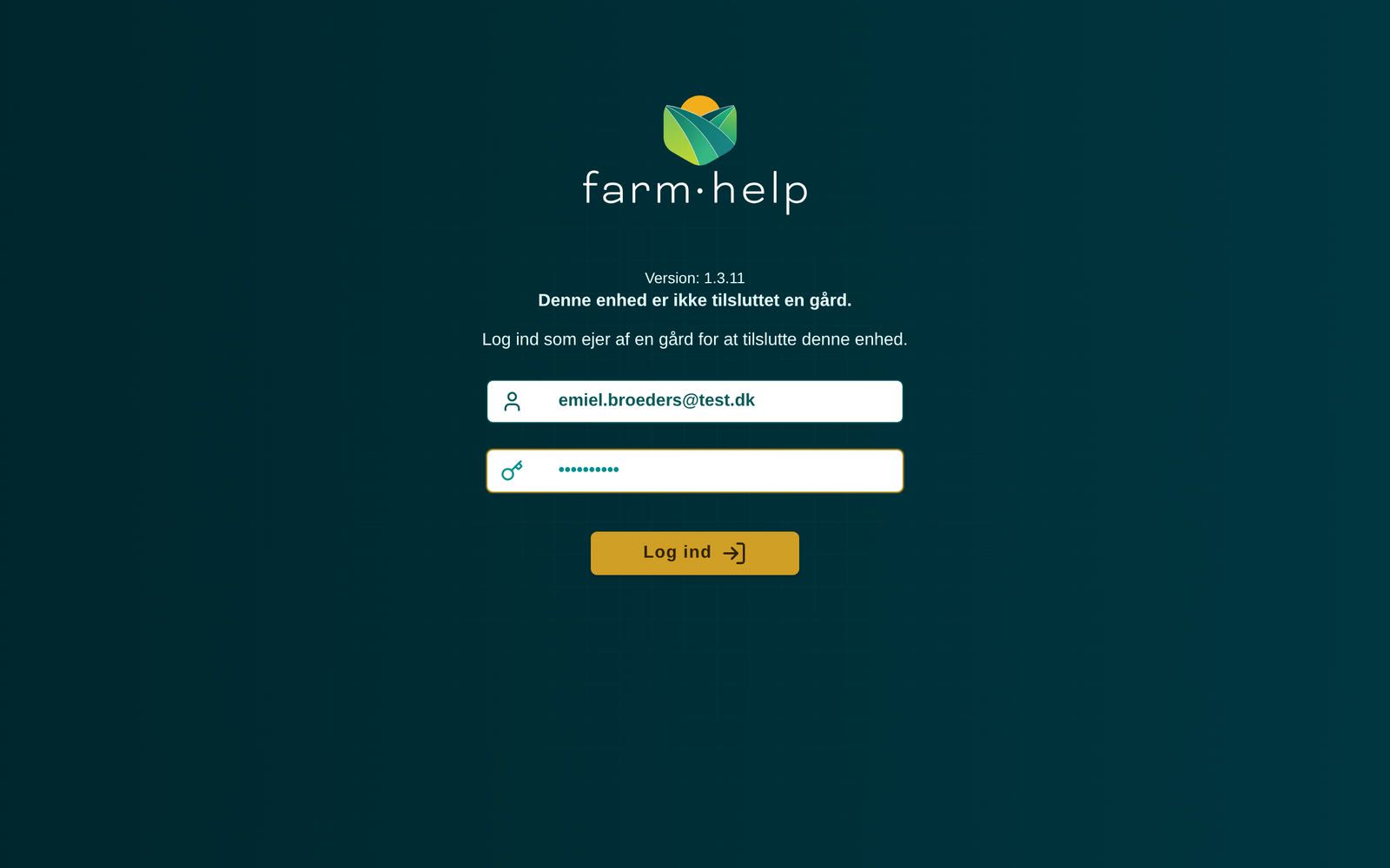 Portalens login: Denne enhed er ikke tilsluttet en gård. Log ind som ejer af en gård for at tilslutte denne enhed.
