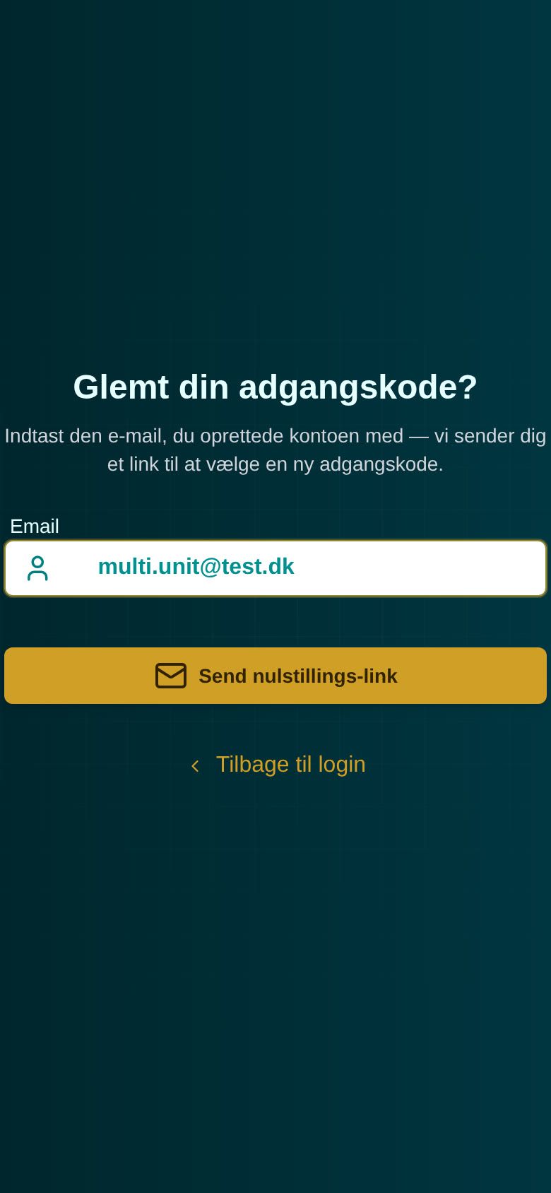 Siden Glemt din adgangskode? med e-mailfeltet udfyldt og knappen Send nulstillings-link