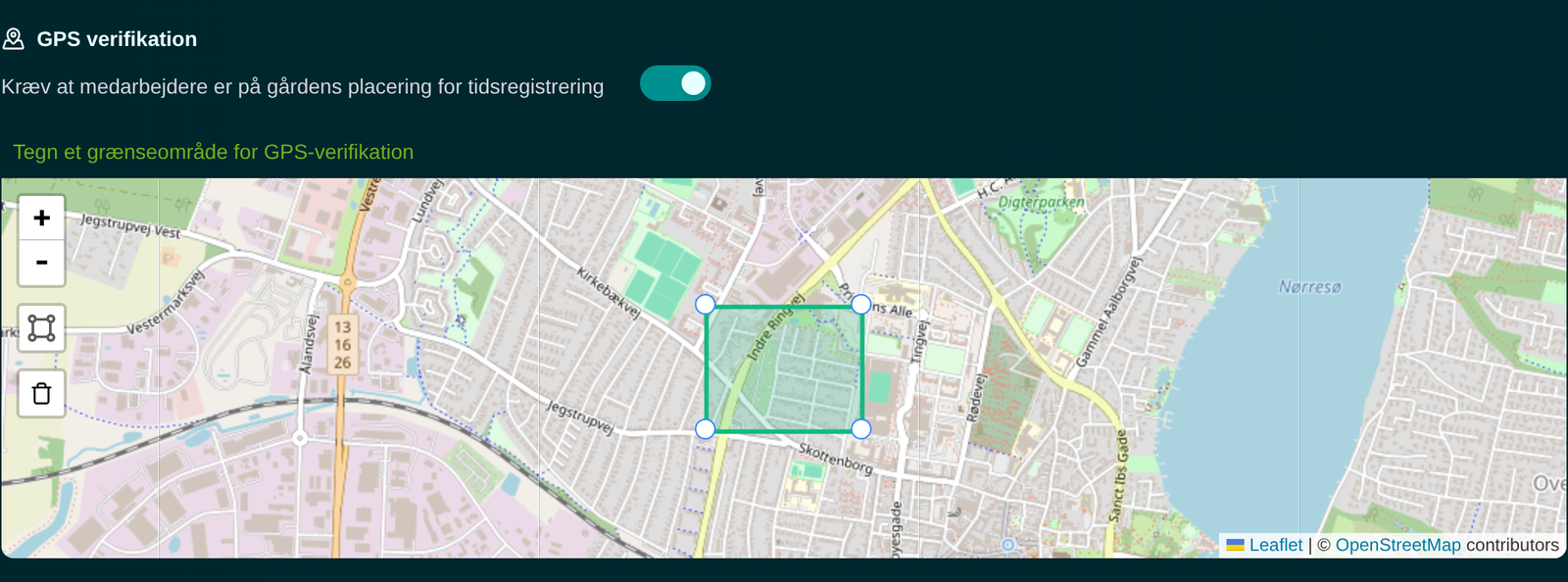 GPS verifikation slået til med et kort og et tegnet rektangel