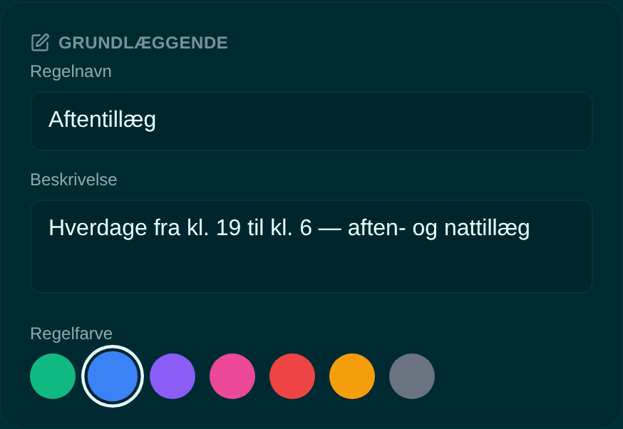 Sektionen Grundlæggende med Regelnavn Aftentillæg, en beskrivelse og den blå farve valgt