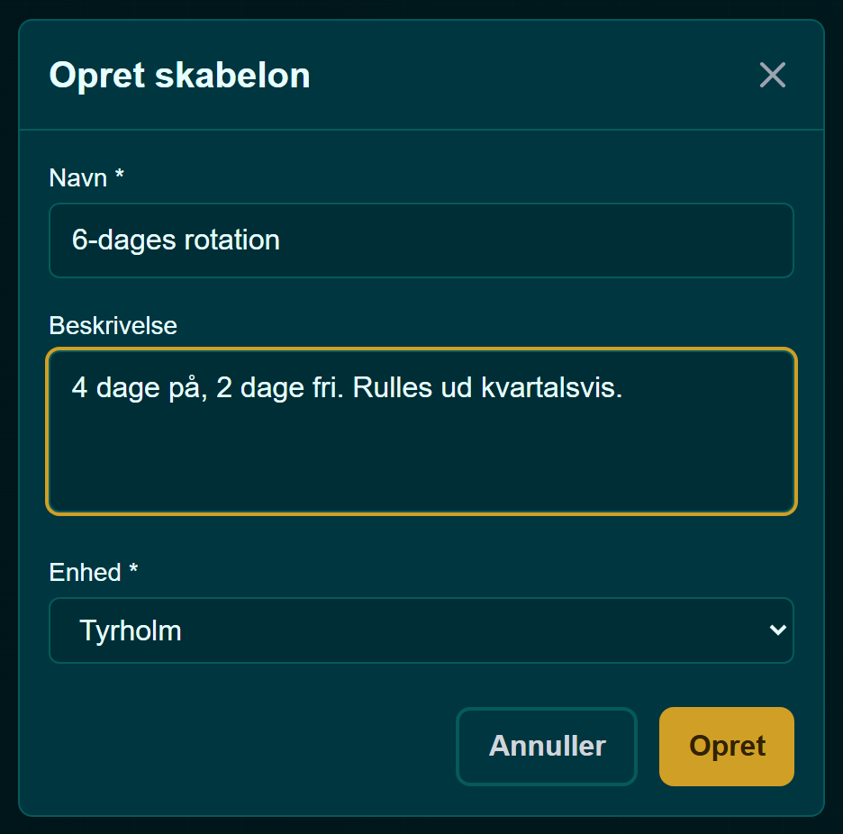 Dialogen Opret skabelon med felterne Navn, Beskrivelse og Enhed