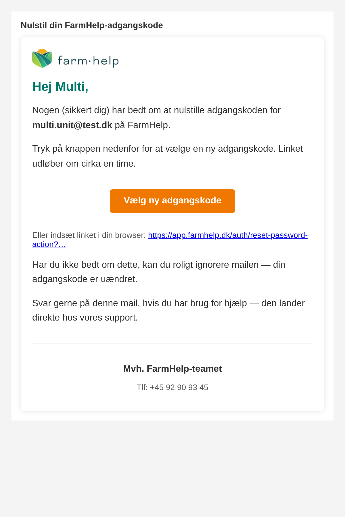 Mailen Nulstil din FarmHelp-adgangskode med knappen Vælg ny adgangskode