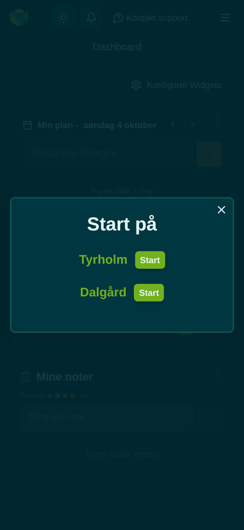 Startvinduet på mobilen: både Tyrholm og Dalgård viser Start