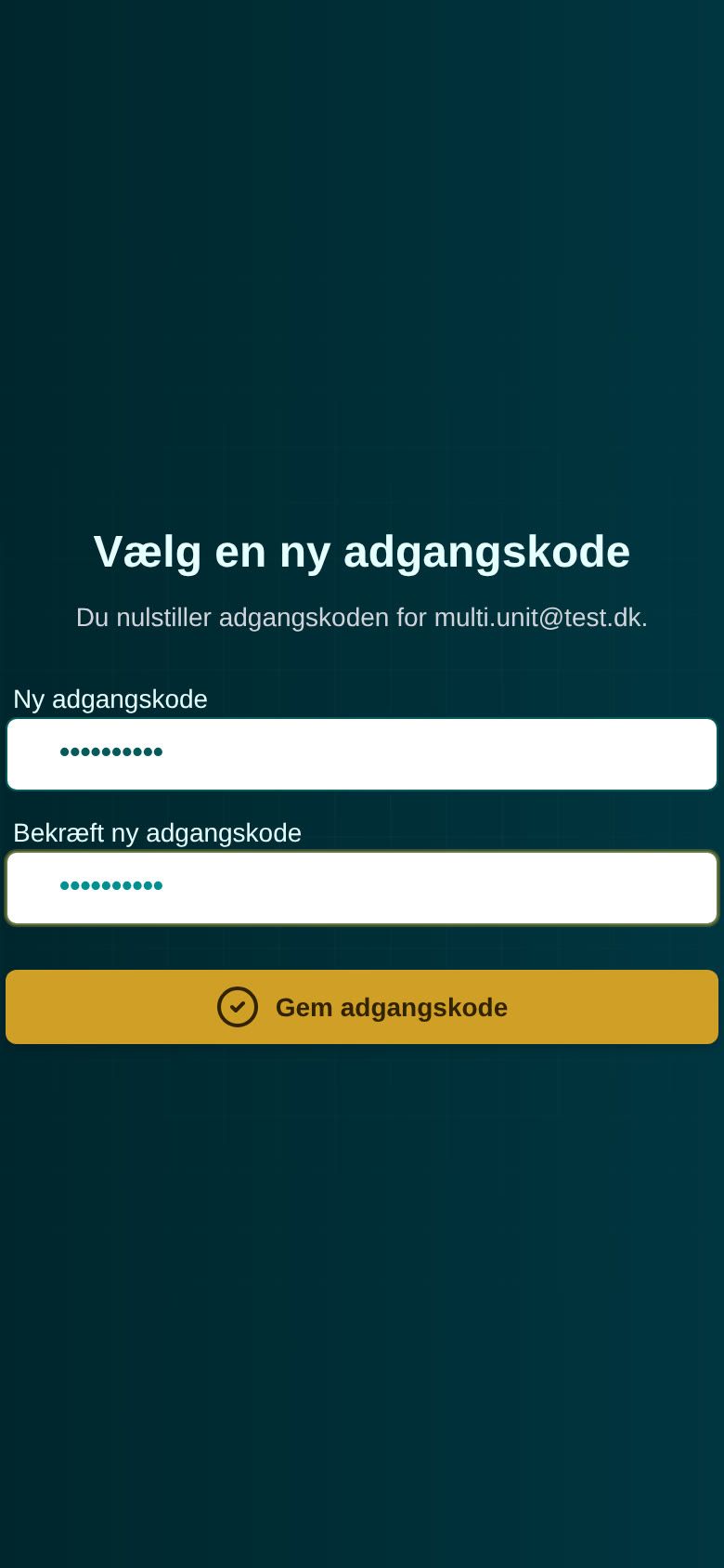 Siden Vælg en ny adgangskode med to udfyldte felter og knappen Gem adgangskode