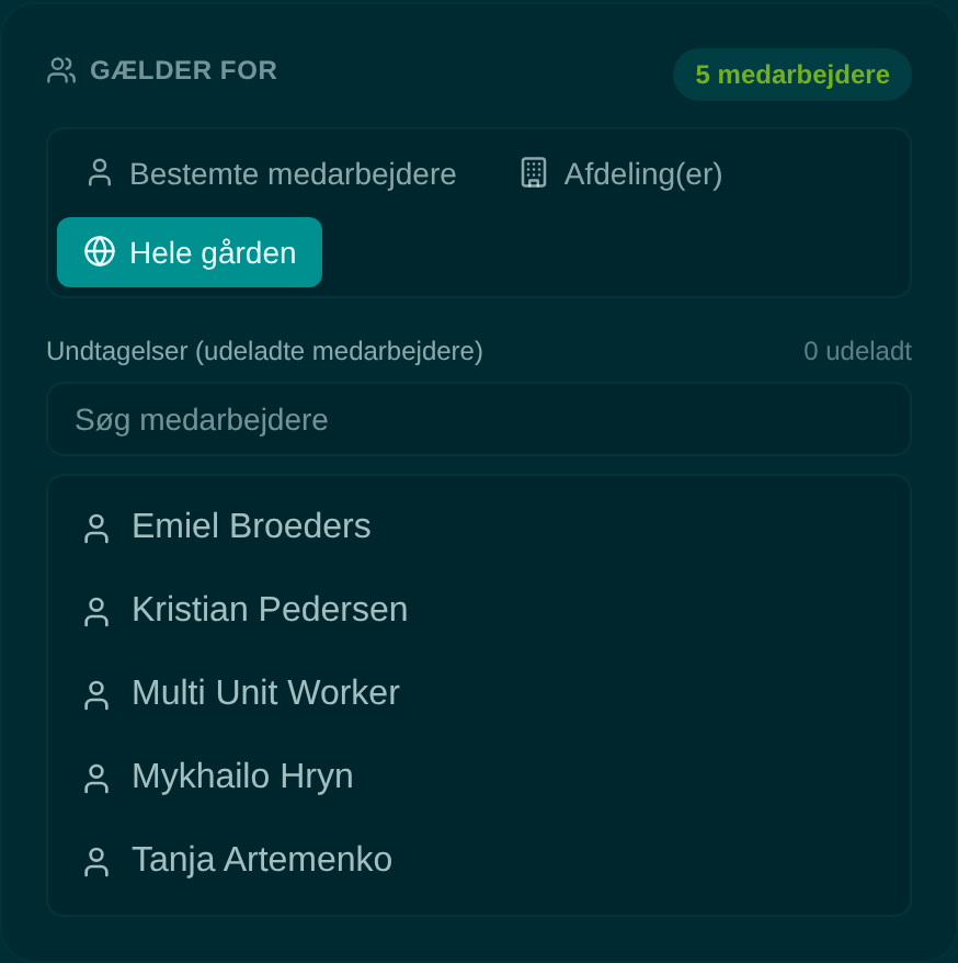 Sektionen Gælder for med Hele gården valgt og listen Undtagelser med fem medarbejdere