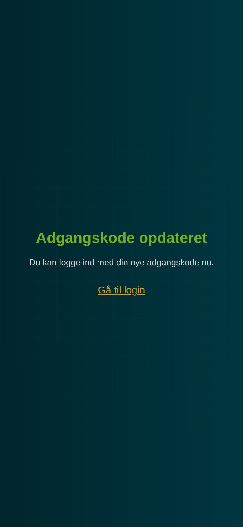 Siden Adgangskode opdateret med linket Gå til login