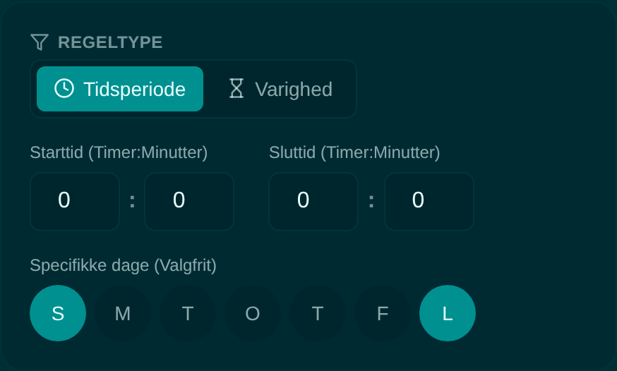 Regeltype Tidsperiode med 00:00 til 00:00 og lørdag og søndag valgt