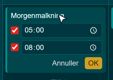 Vagt i skabelonen åbnet med starttid, sluttid og to hak for visning af tider