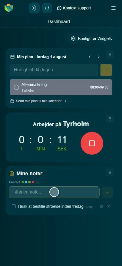 FarmHelp på mobilen: dagens plan, stempeluret der kører, og medarbejderens egne noter på samme skærm